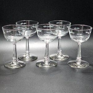 5 Libbey Windswept Liquor Cocktail Glasses 5.5" leaves 4oz vtg midcentury botani
